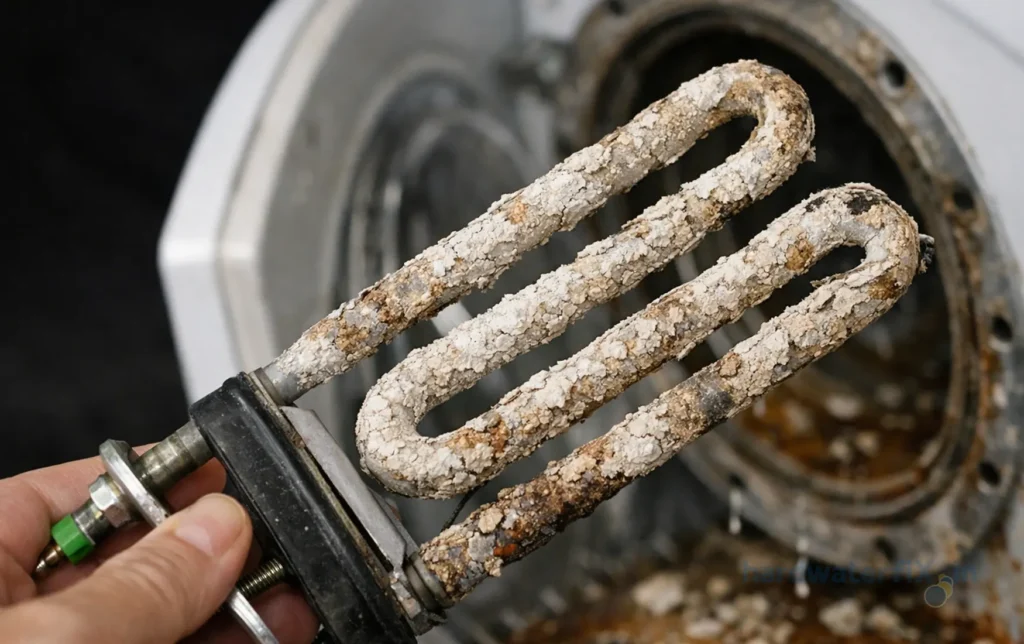 Geyser heating coil damage white limescale due to hard water