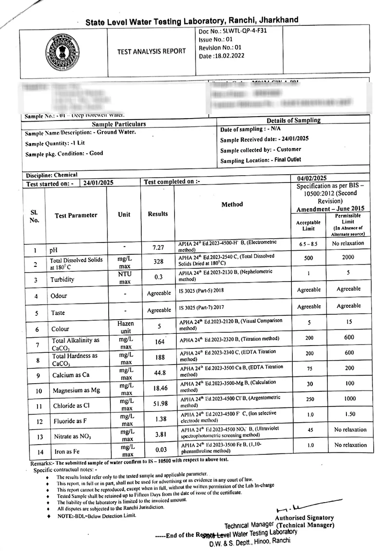Ground Water Test Report Ranchi Jharkhand India