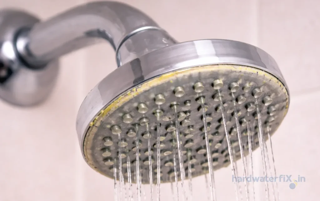 Shower head crusty buildup that forms around nozzles