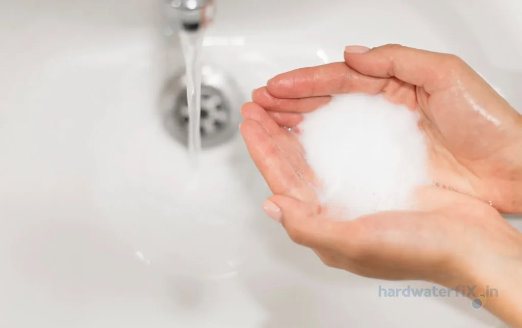 Soap that does not lather well in hard water