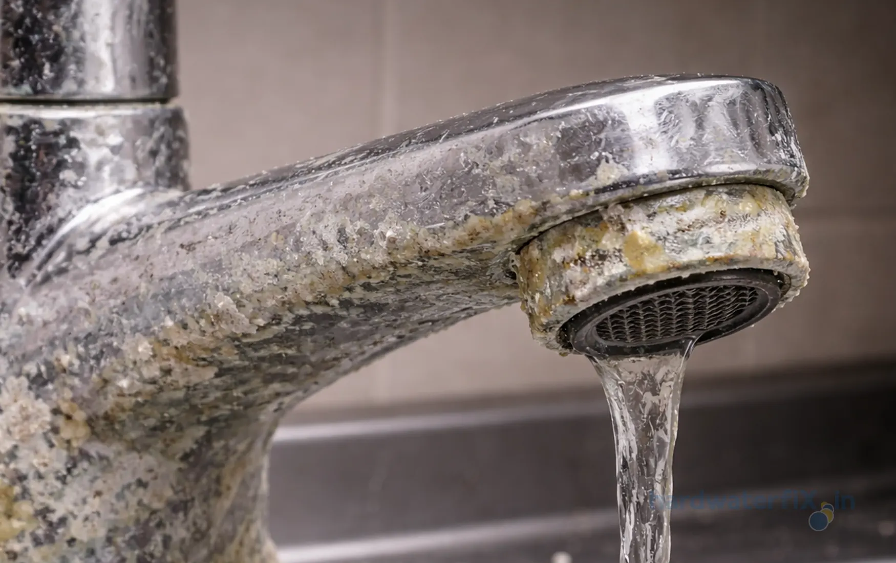 White limescale on faucet nozzles due to hard water